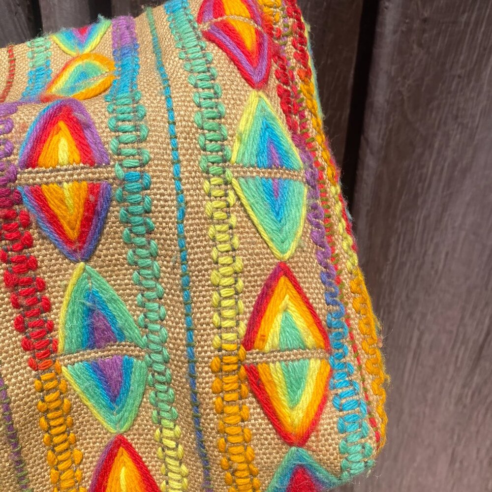 Vintage Handcrafted Burlap Tote Bag | Yarn Embroidered Rainbow - Picture 3 of 10